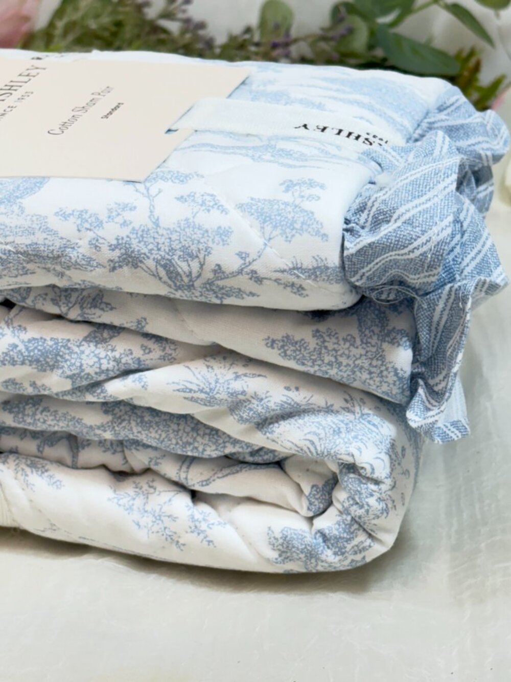 Laura Ashley Blue Quilted Cotton Braysmith Toile Pillow Shams KING Set 2 New